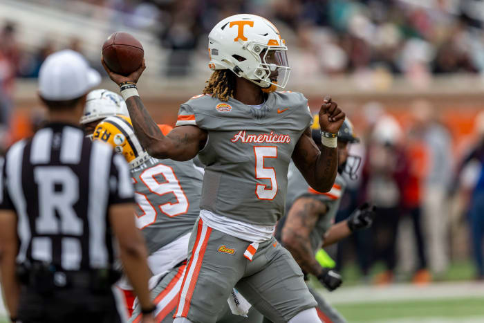 Former Tennessee Volunteers QB Joe Milton III during the 2024 Reese's Senior Bowl. (Photo by Vasha Hunt of USA Today Sports)